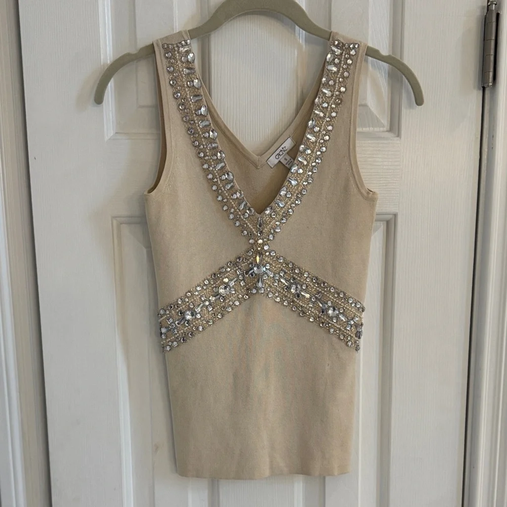 Caché Vintage Cream Silk Blend Very Embellished V-Neck Bodycon Top - Picture 3 of 11